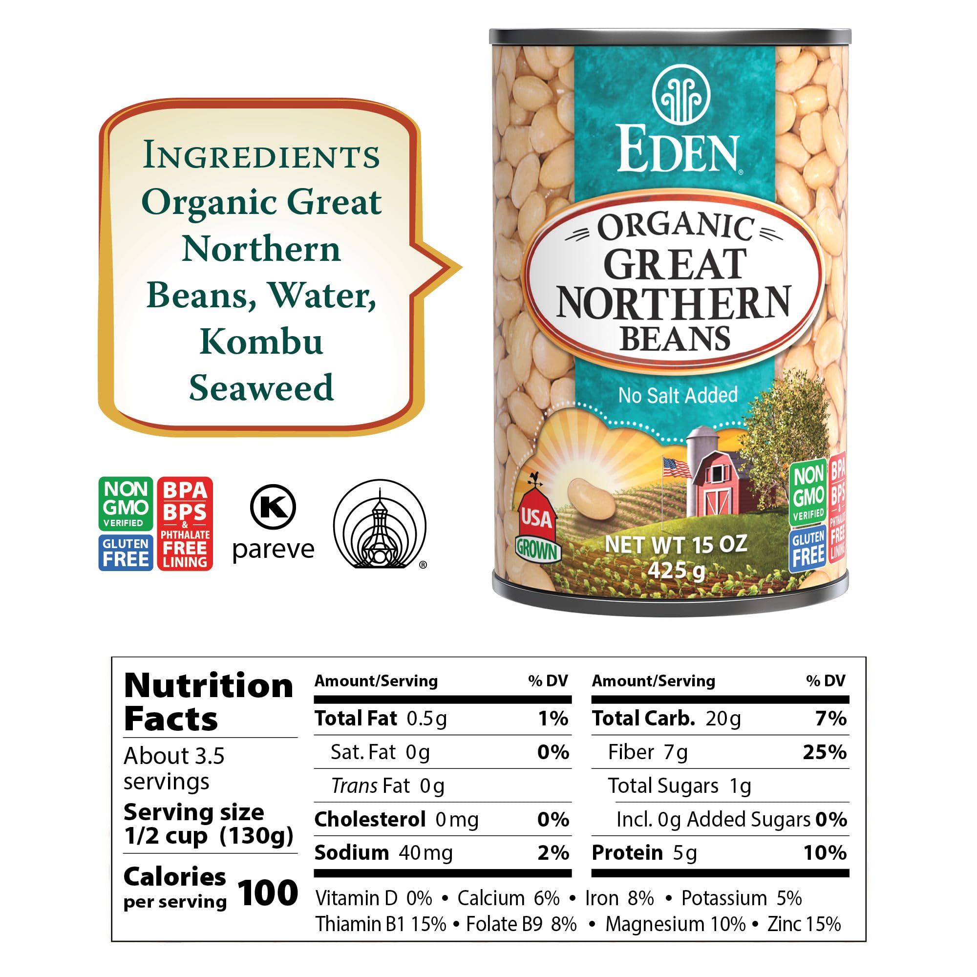 Eden Great Northern Beans can side view, no salt added for flavorful meals.