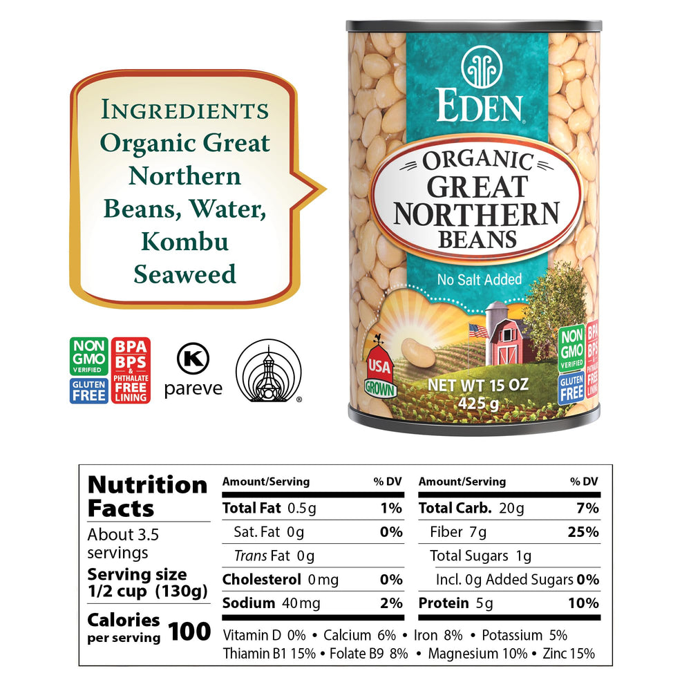 Eden Great Northern Beans can side view, no salt added for flavorful meals.