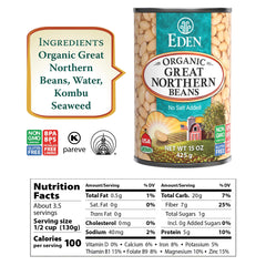 Eden Great Northern Beans can side view, no salt added for flavorful meals.