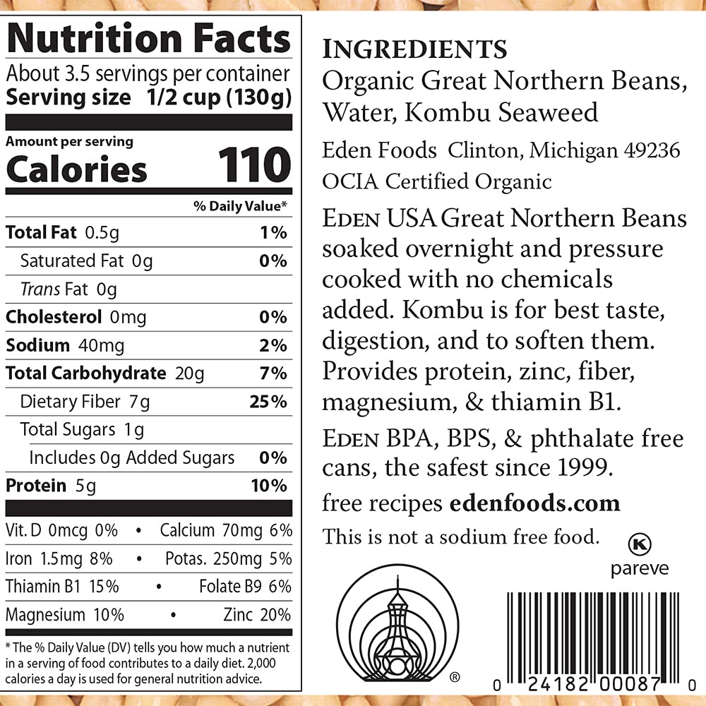 Eden Great Northern Beans label highlights organic, no-salt ingredients for healthier meal prep.