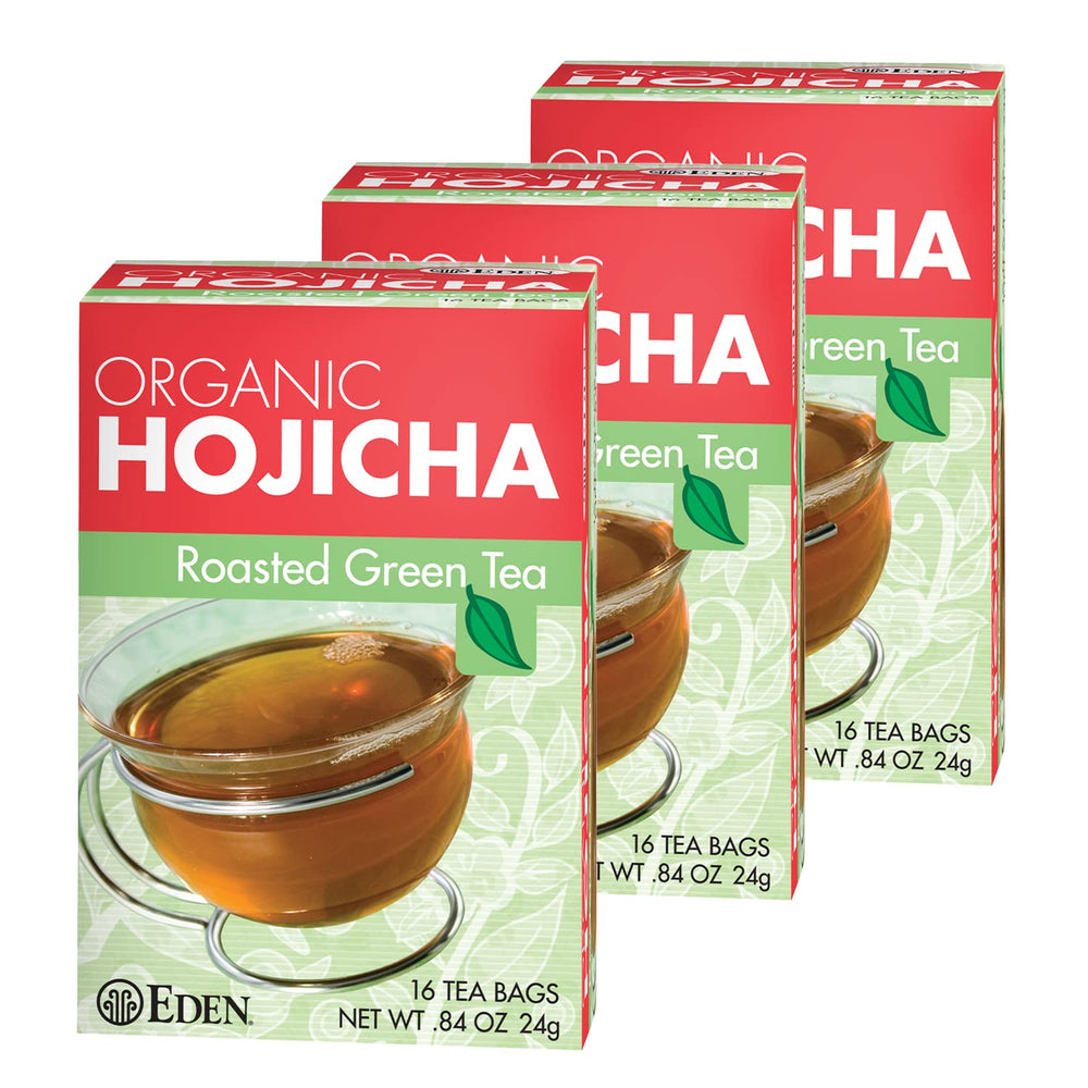 Eden Hojicha box packaging highlights organic roast quality for daily use.