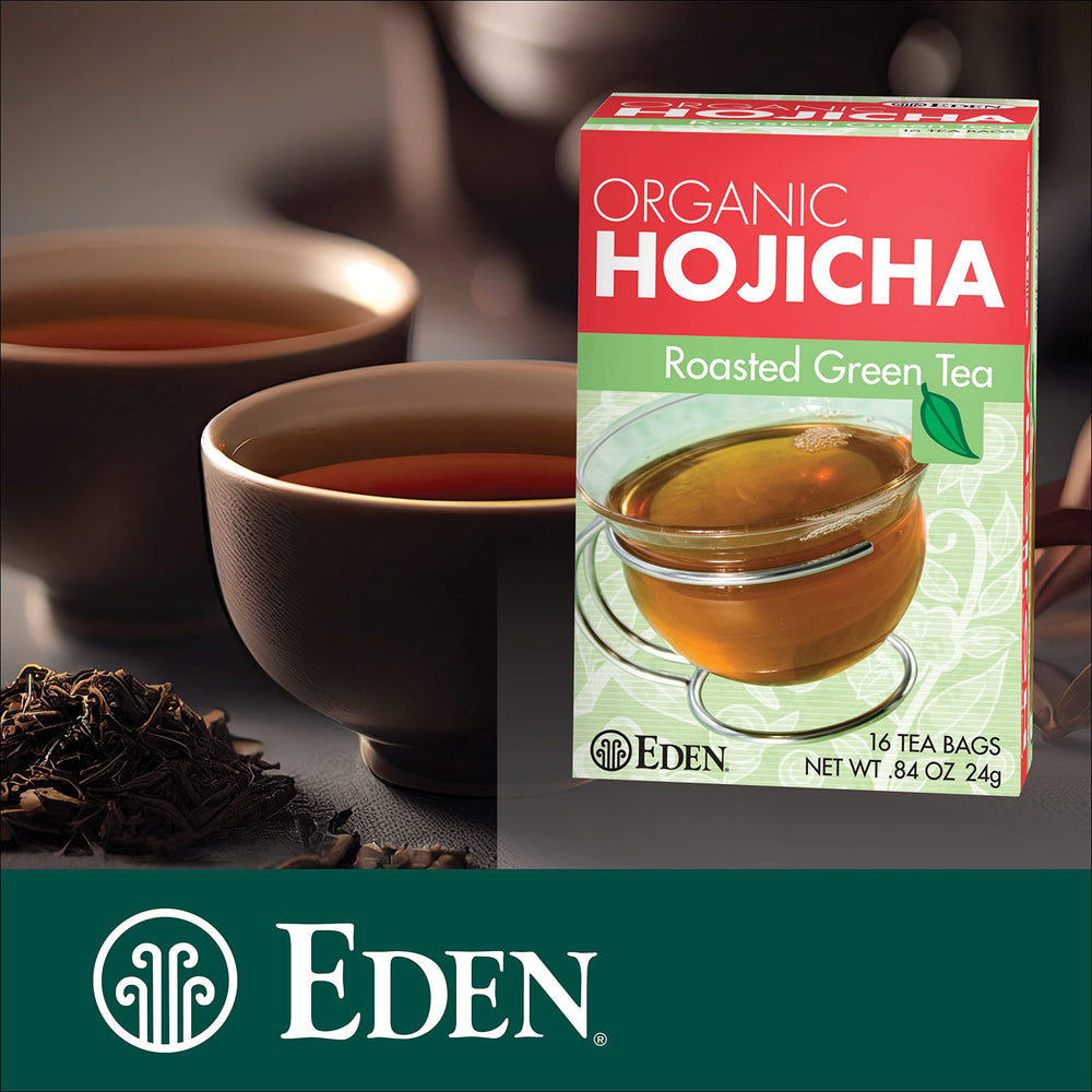 Eden Hojicha box emphasizes 3-pack convenience and sustainability.