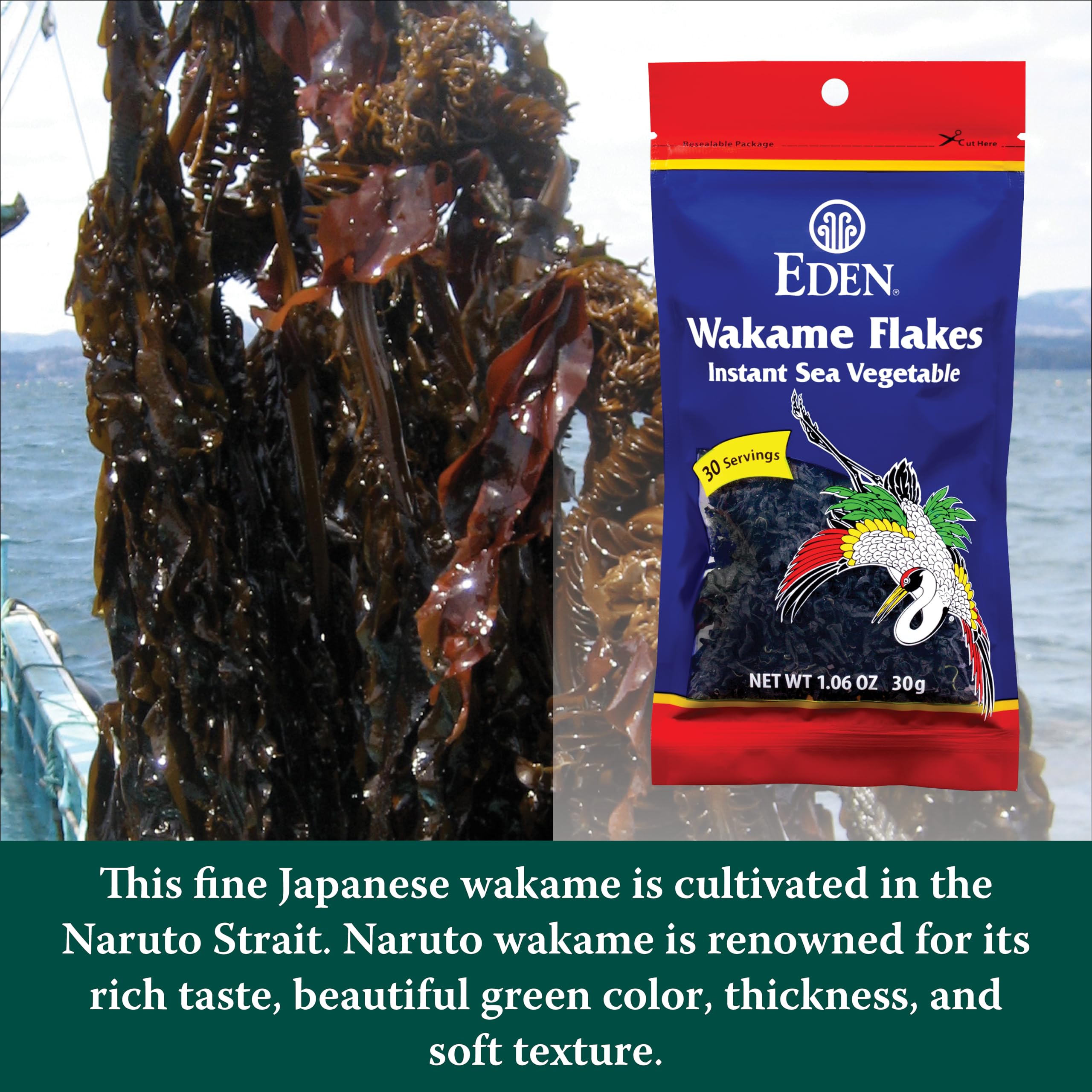 Eden Instant Wakame Flakes soaking 2-3 minutes for tenderness in marinated dishes