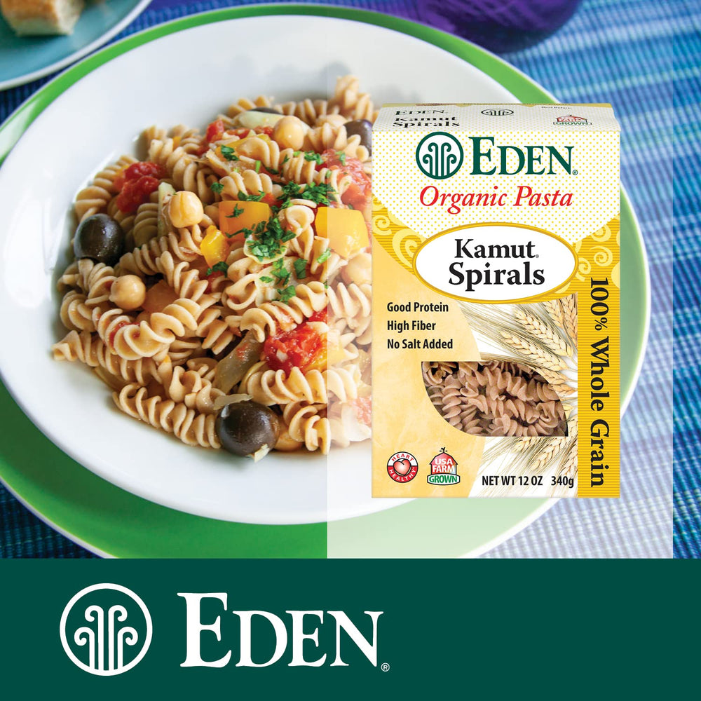 Eden Kamut Spirals served on a plate reveal golden color and hearty bite.