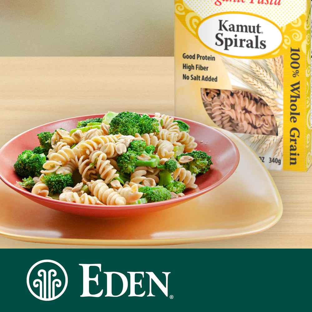 Eden Kamut Spirals in a reclosable box help keep pasta fresh.