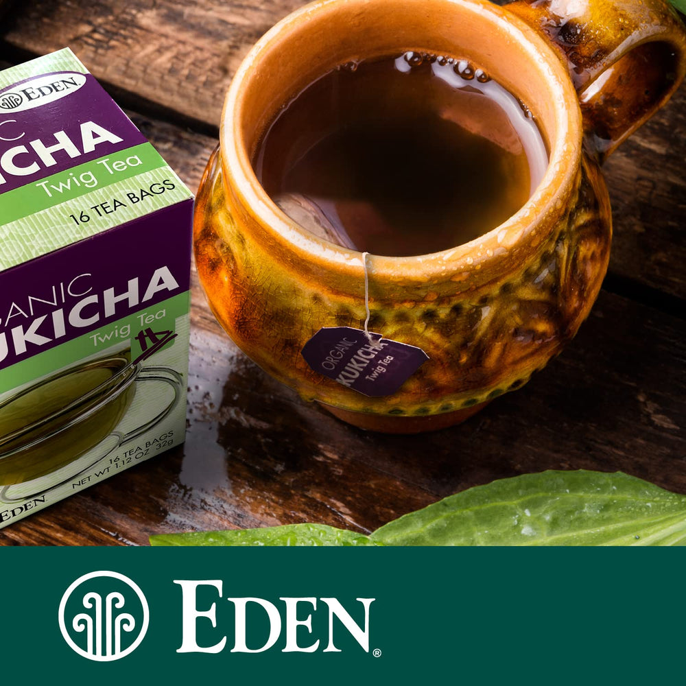 Dried twig leaves of Eden Kukicha highlight organic, traditional cultivation.