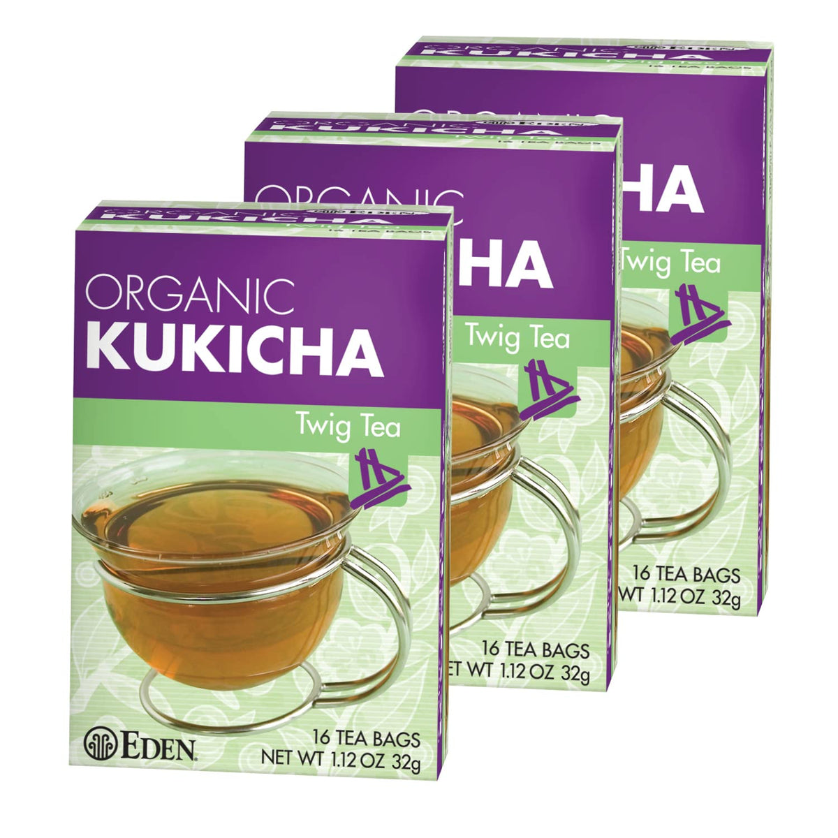 Eden Kukicha Organic Roasted Twig Tea box, traditional packaging for a comforting, low-caffeine sip.