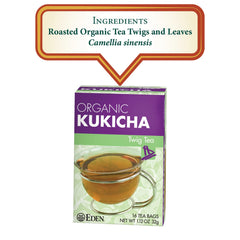 Steaming cup of Eden Kukicha reveals warm, smooth notes from roasted twig tea.