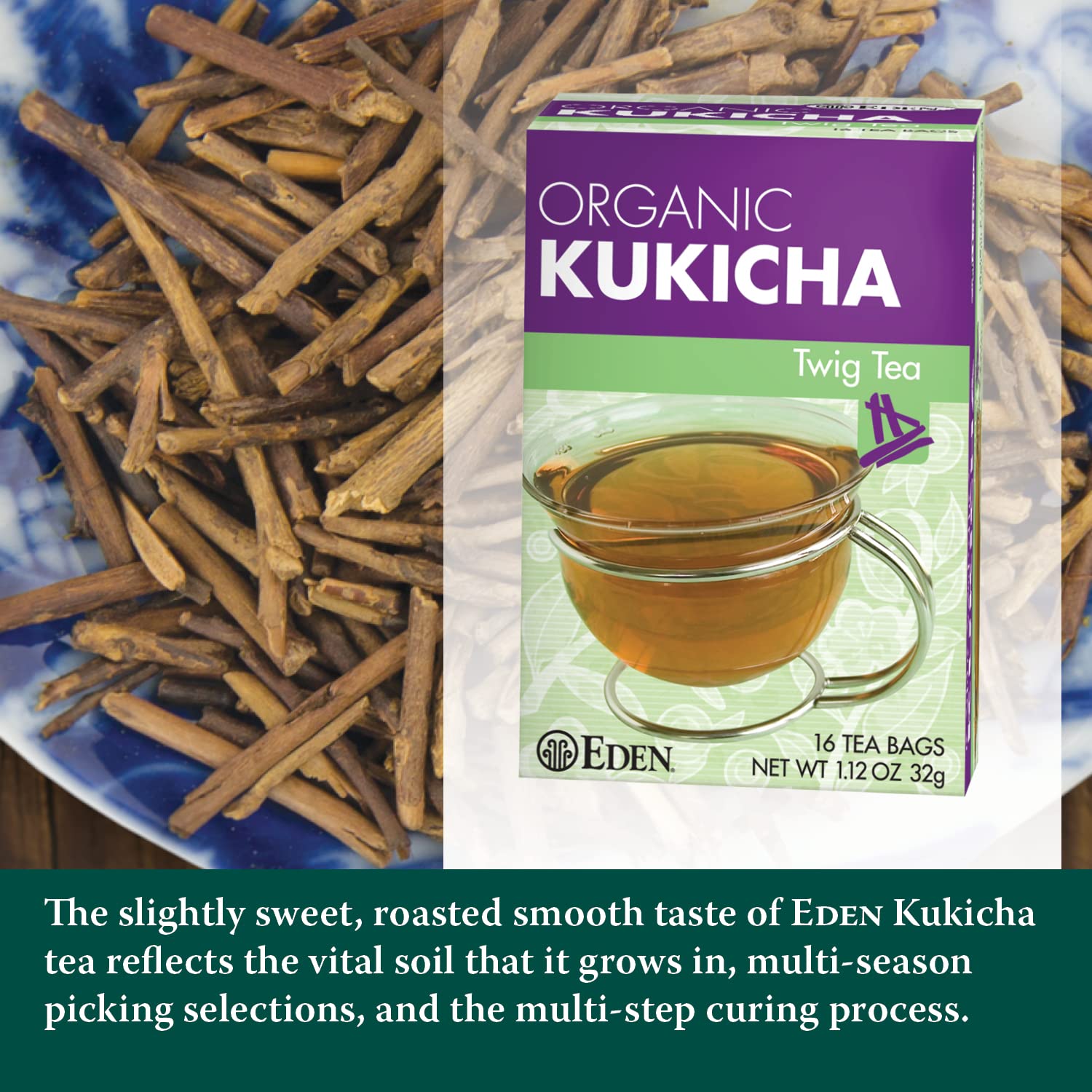 Closeup of Eden Kukicha unbleached Manila tea bag with natural string.