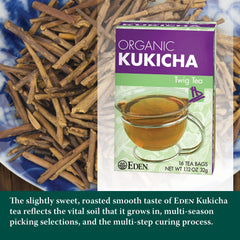 Closeup of Eden Kukicha unbleached Manila tea bag with natural string.