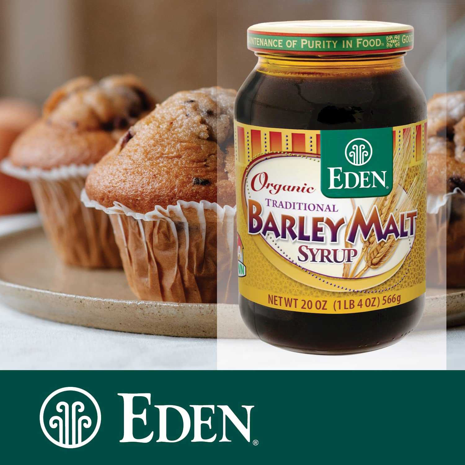 Eden malt syrup on counter with spoon ready for recipes.