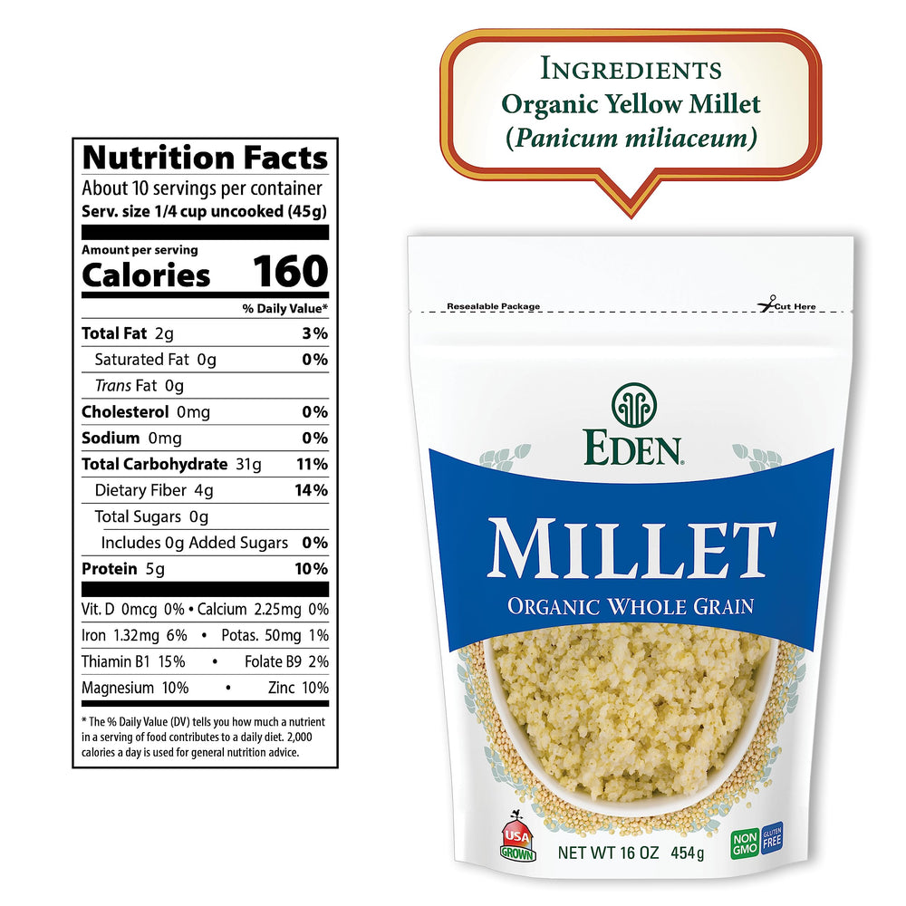 Eden Millet front packaging highlights organic, non-GMO origins.