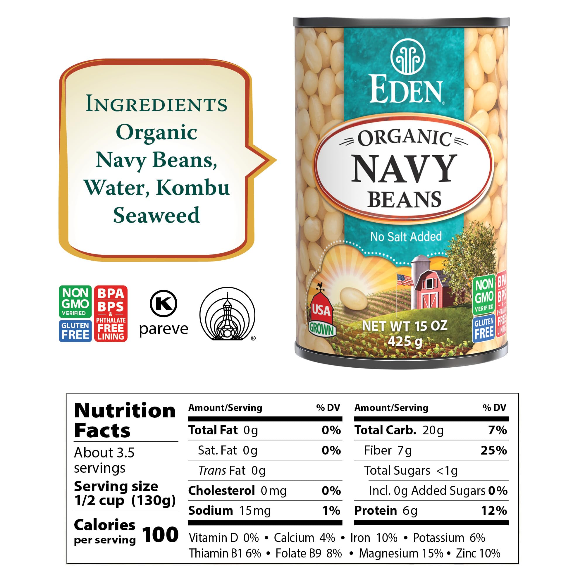 Eden navy beans 15oz can side nutrition panel, non-GMO and gluten-free pantry essential.