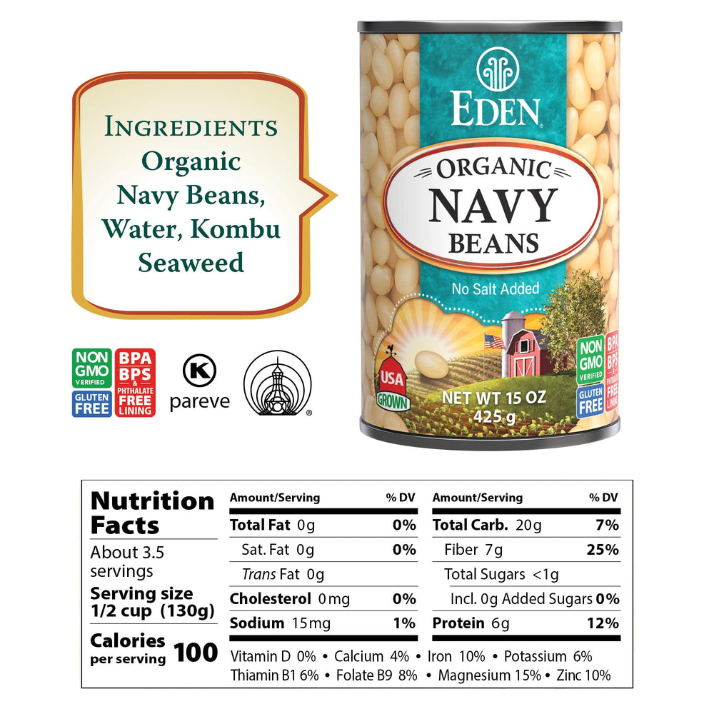 Eden navy beans 15oz can side nutrition panel, non-GMO and gluten-free pantry essential.