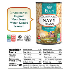 Eden navy beans 15oz can side nutrition panel, non-GMO and gluten-free pantry essential.