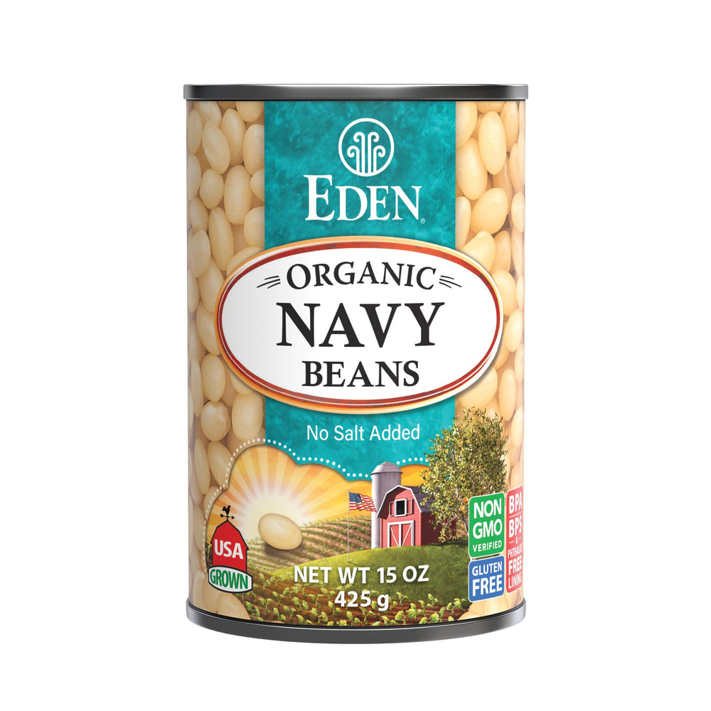 Eden navy beans no-salt can showing simple, low-sodium base for soups.