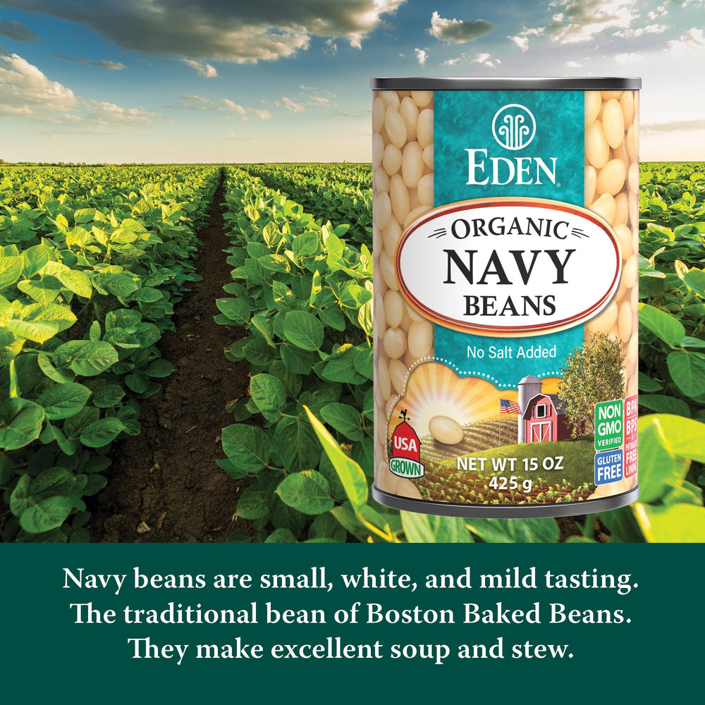 Eden organic navy beans on a farm scene highlighting organic, USA-grown quality.