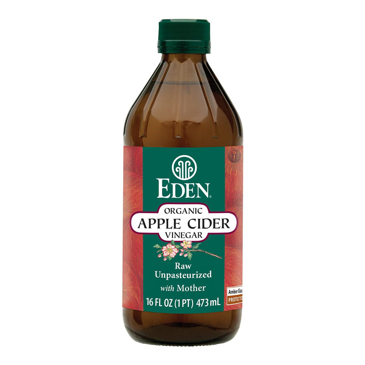 Eden Organic Apple Cider Vinegar bottle with amber glass preserves flavor and vitality.