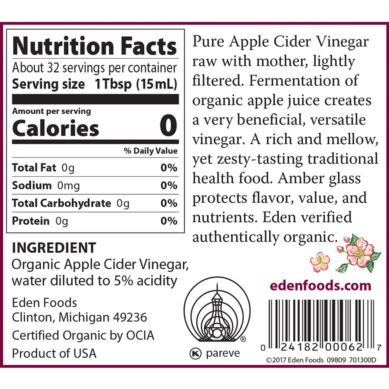 Eden Organic Apple Cider Vinegar with the mother visible signaling raw fermentation.