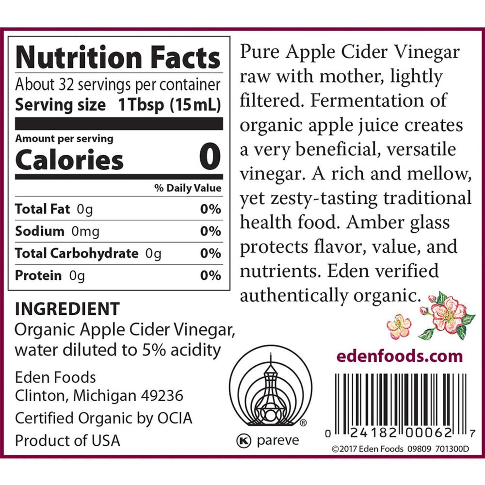 Eden Organic Apple Cider Vinegar with the mother visible signaling raw fermentation.