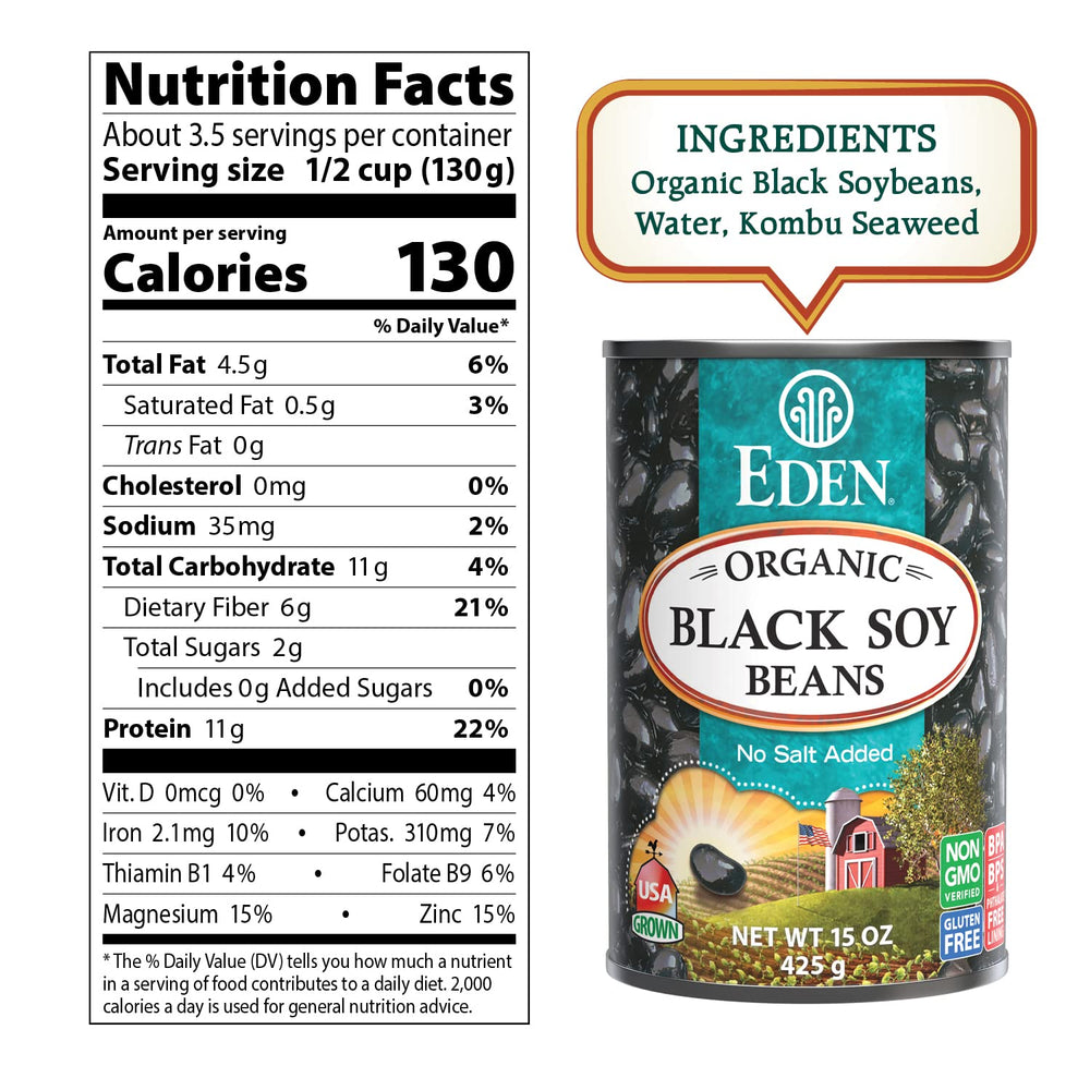 Eden Organic Black Soybeans 15oz can back label, gluten-free and non-GMO details.