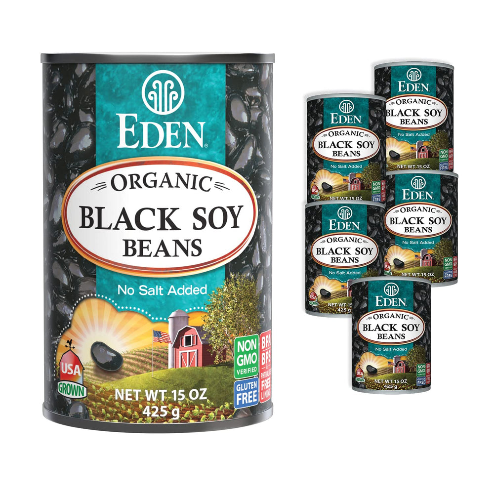 Eden Organic Black Soybeans 15oz can front label, complete protein for plant-based meals.