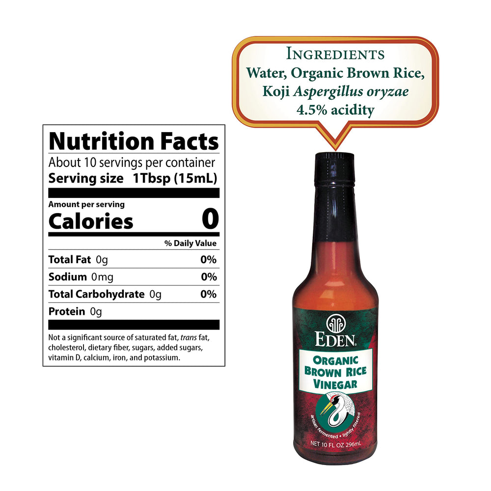Close-up of Eden Organic Brown Rice Vinegar label, highlighting traditional fermentation craft