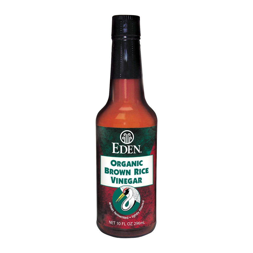 Eden Organic Brown Rice Vinegar bottle with amber glass, ideal for sushi rice