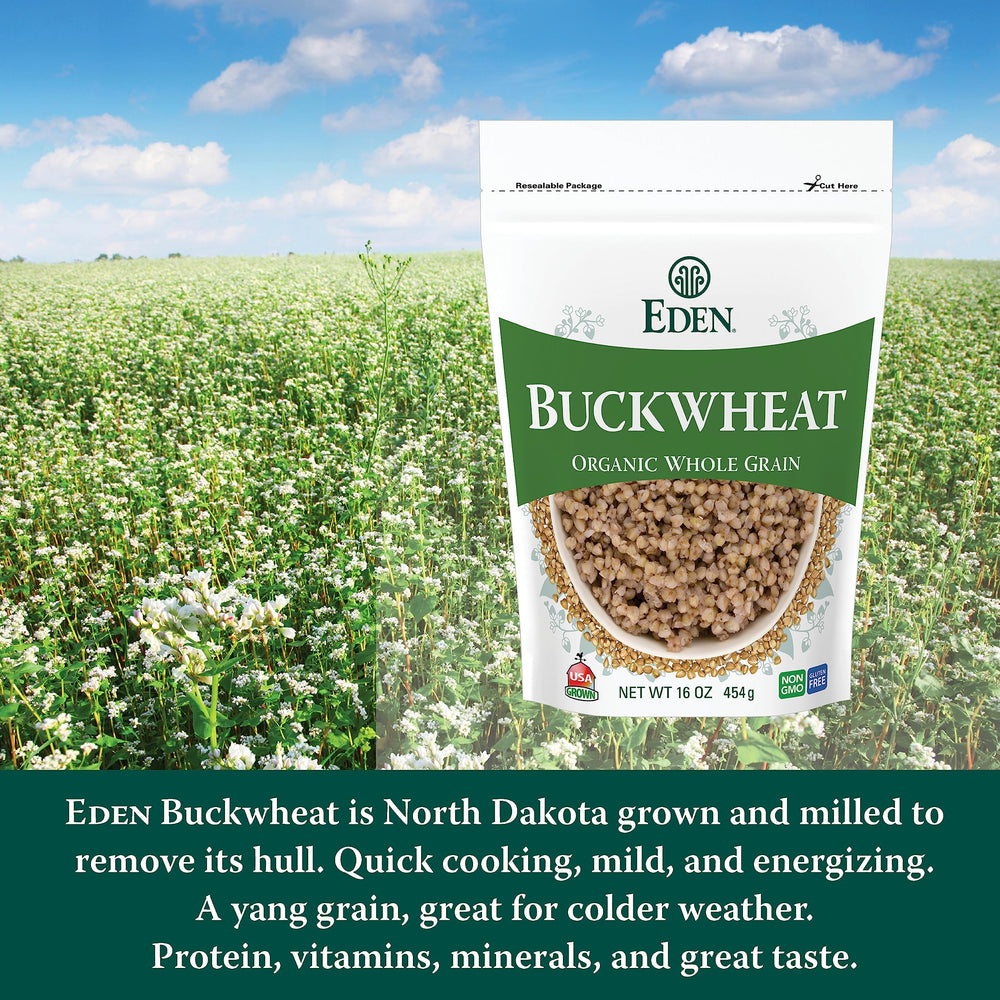 Eden Organic Buckwheat grains closeup, earthy kernels ready to cook
