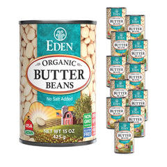 Eden Organic Butter Beans can label, showing USA-grown, non-GMO, no salt added quality.