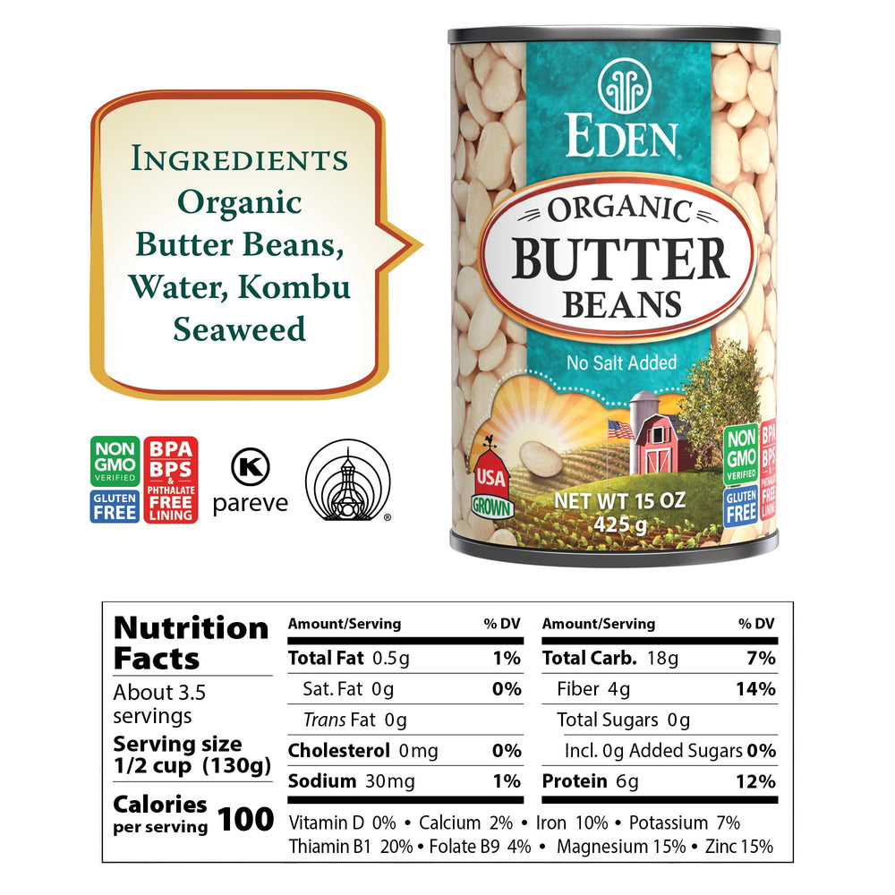 Eden Organic Butter Beans poured into a bowl highlight creamy texture and mild, buttery flavor.