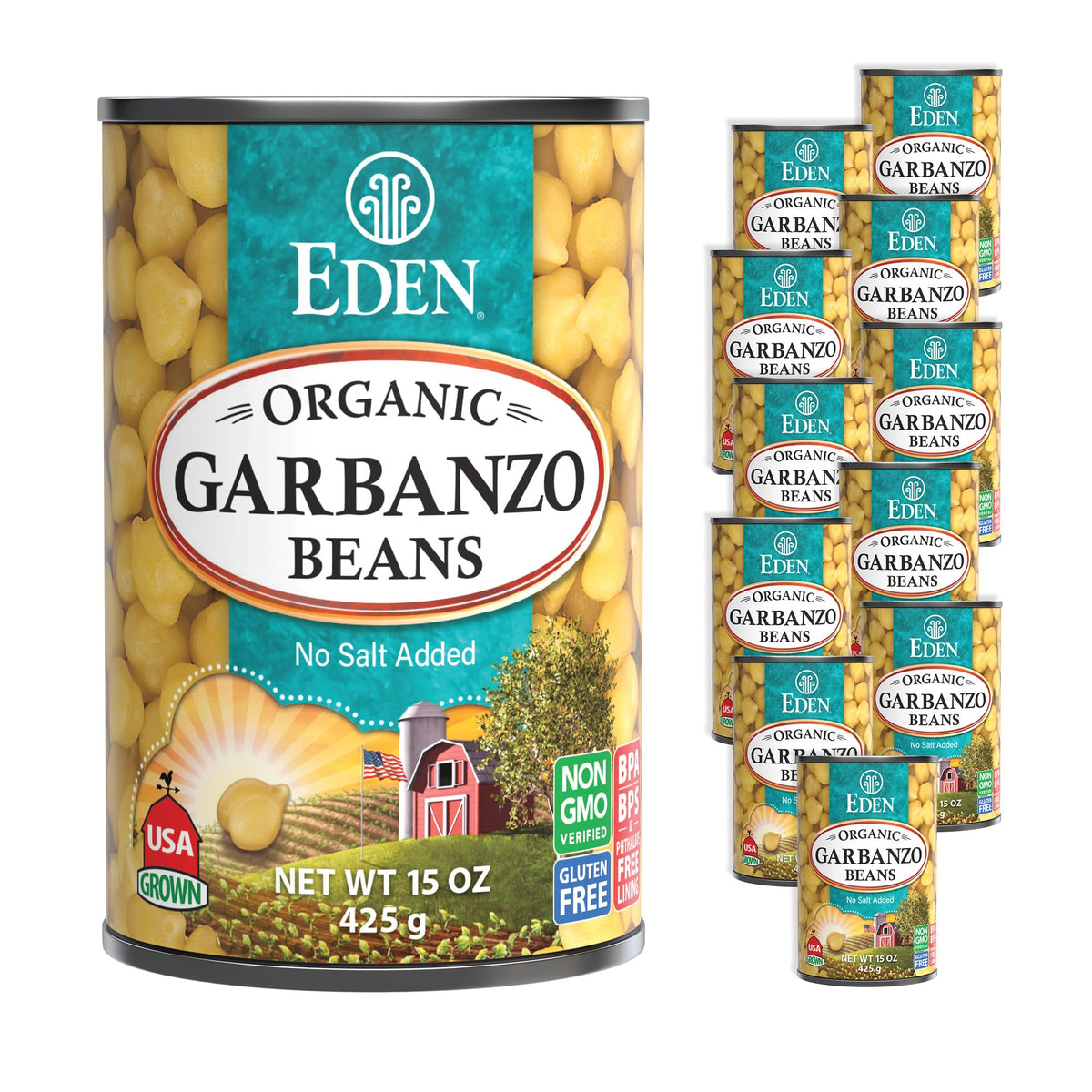 Eden Organic Garbanzo Beans 15oz can front, protein-rich plant-based staple