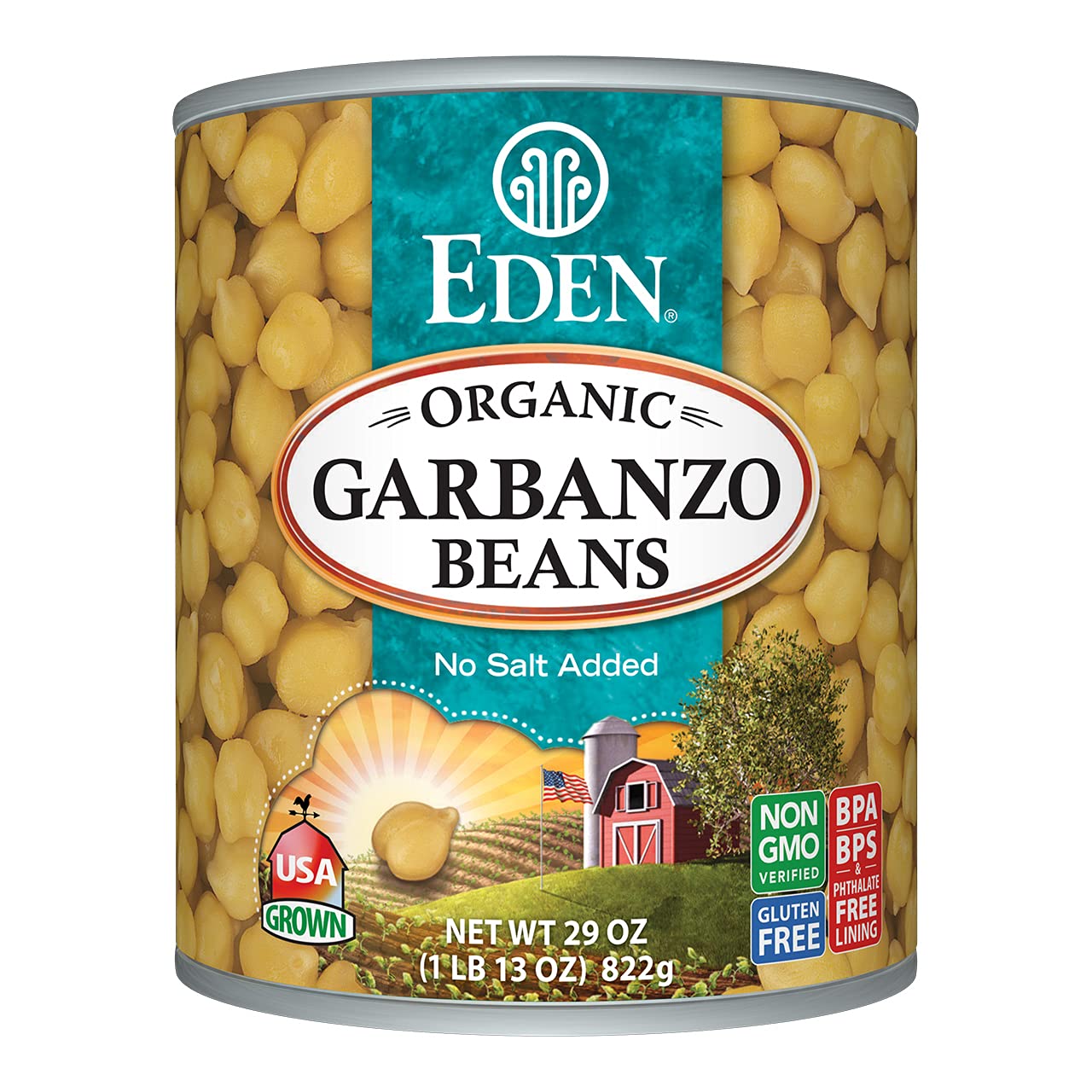 Eden Organic Garbanzo Beans 29 oz can front label showing no-salt option
