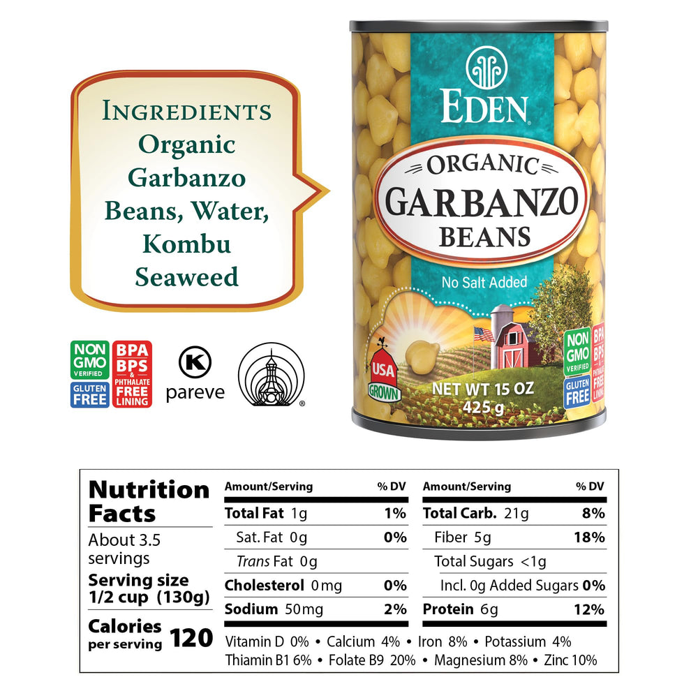 Eden Organic Garbanzo Beans can label shows non-GMO organic sourcing