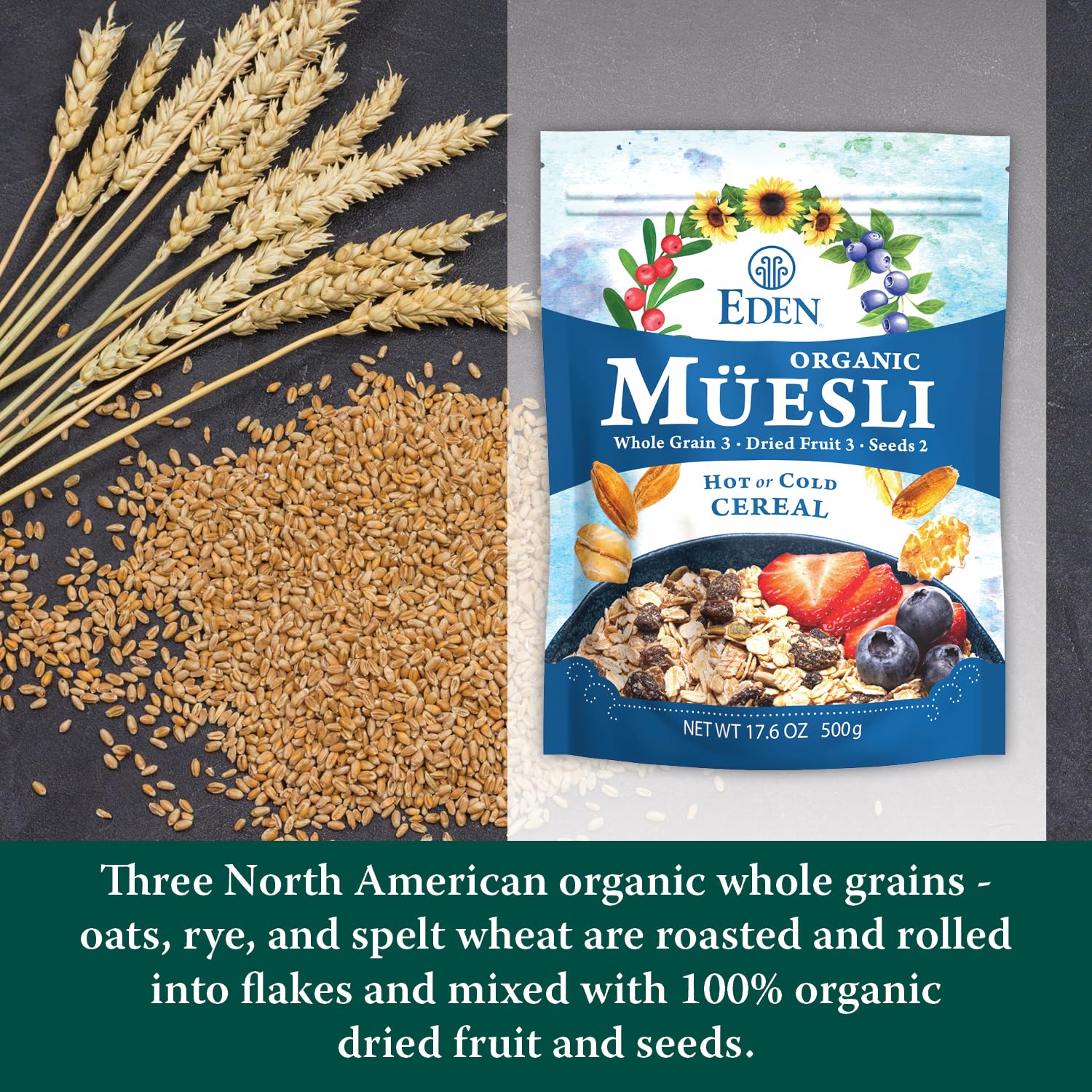 Eden Muesli with dried fruit and seeds: raisins, cranberries, blueberries