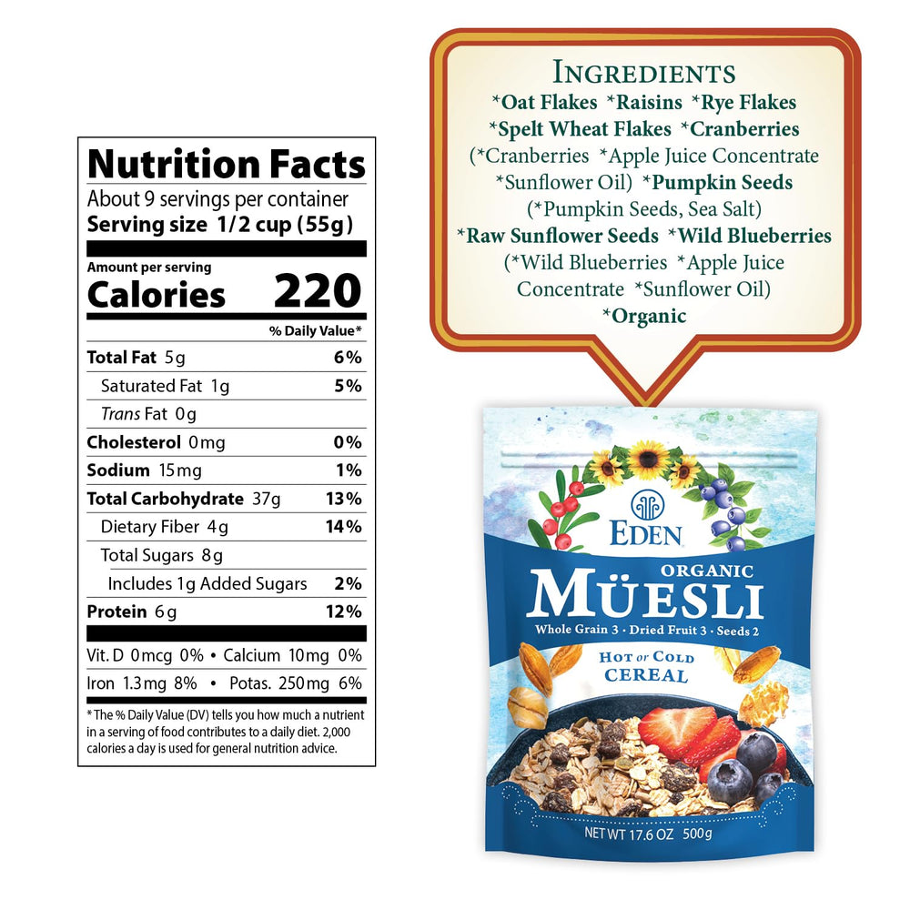 Eden Organic Muesli flakes close-up showing oats, rye, and spelt