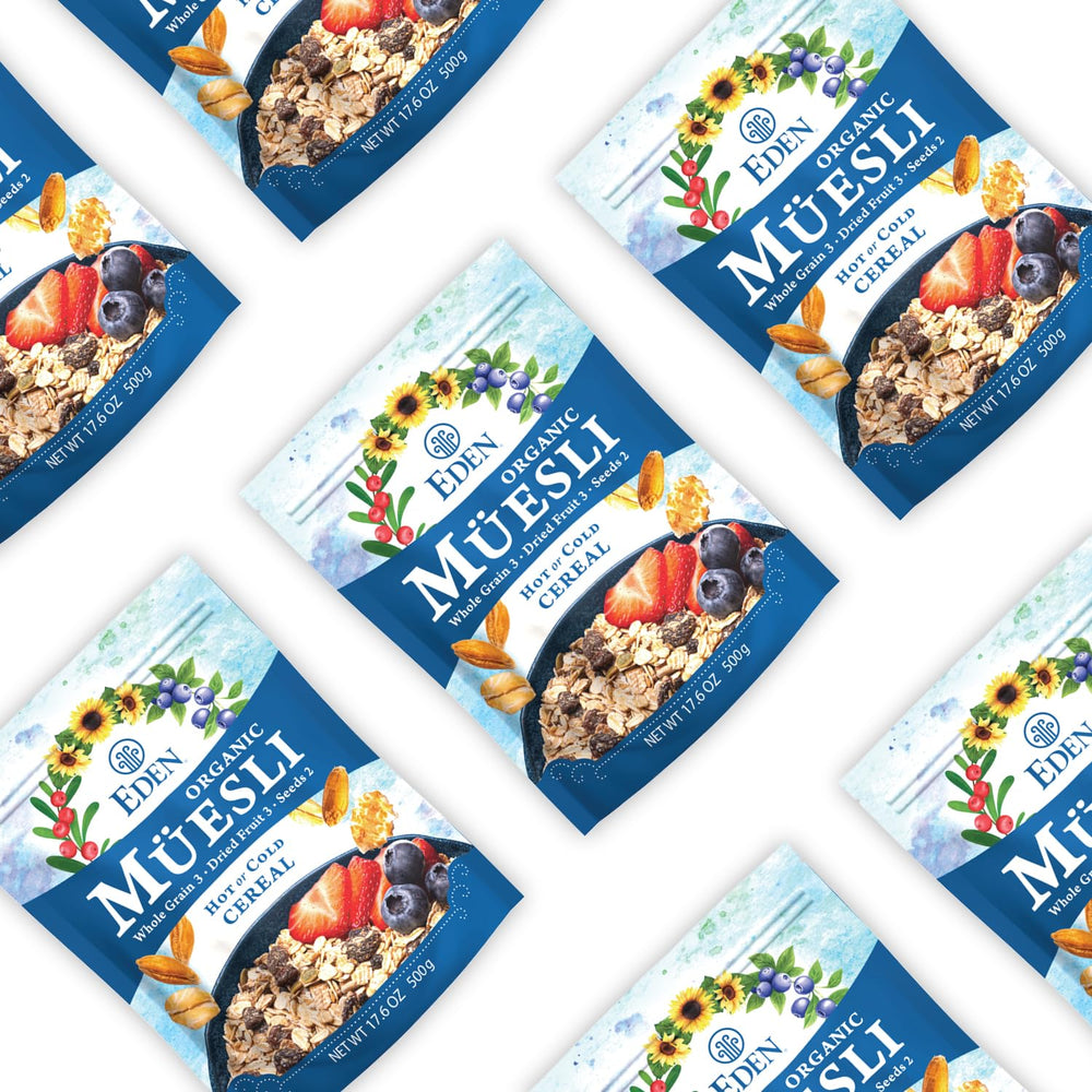 Eden Organic Muesli hot serving steaming with warm milk