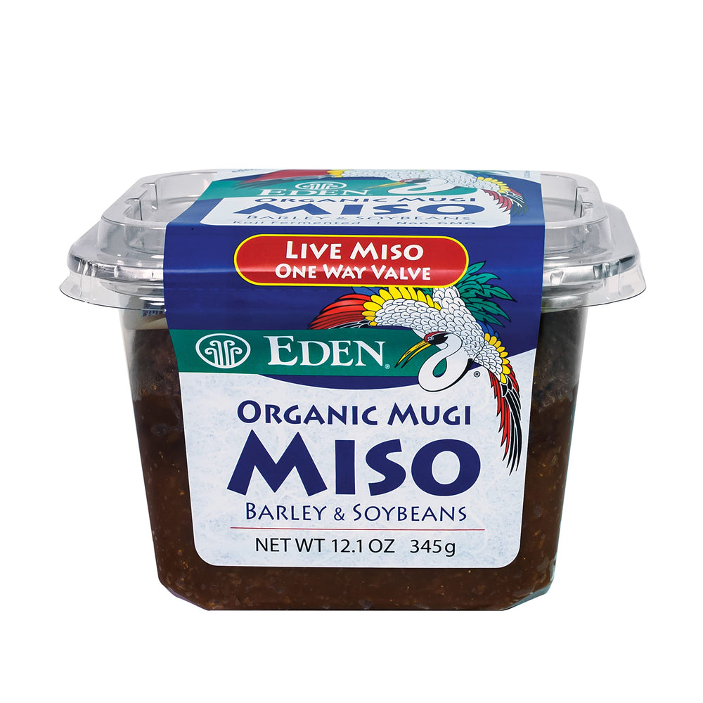 Eden Organic Mugi Miso Paste bottle shows live culture for rich broth