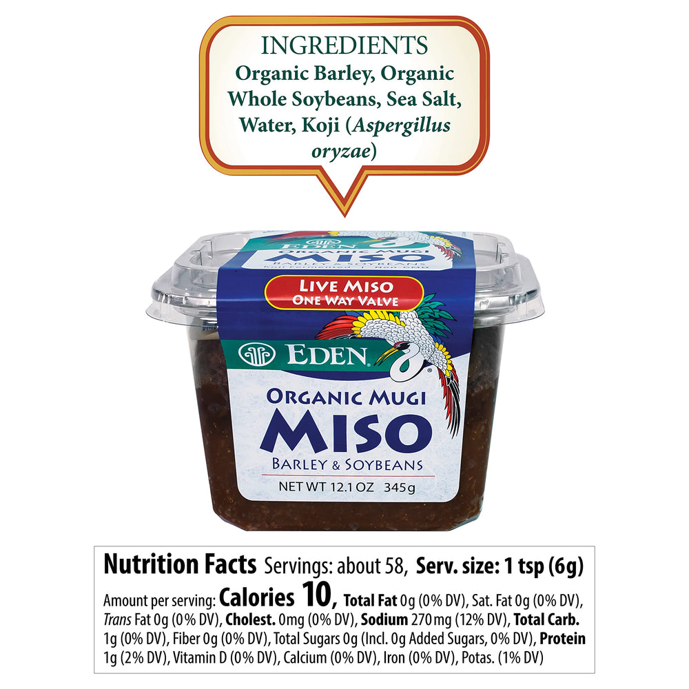 Close-up of Eden Mugi Miso Paste ingredients with barley and soybeans