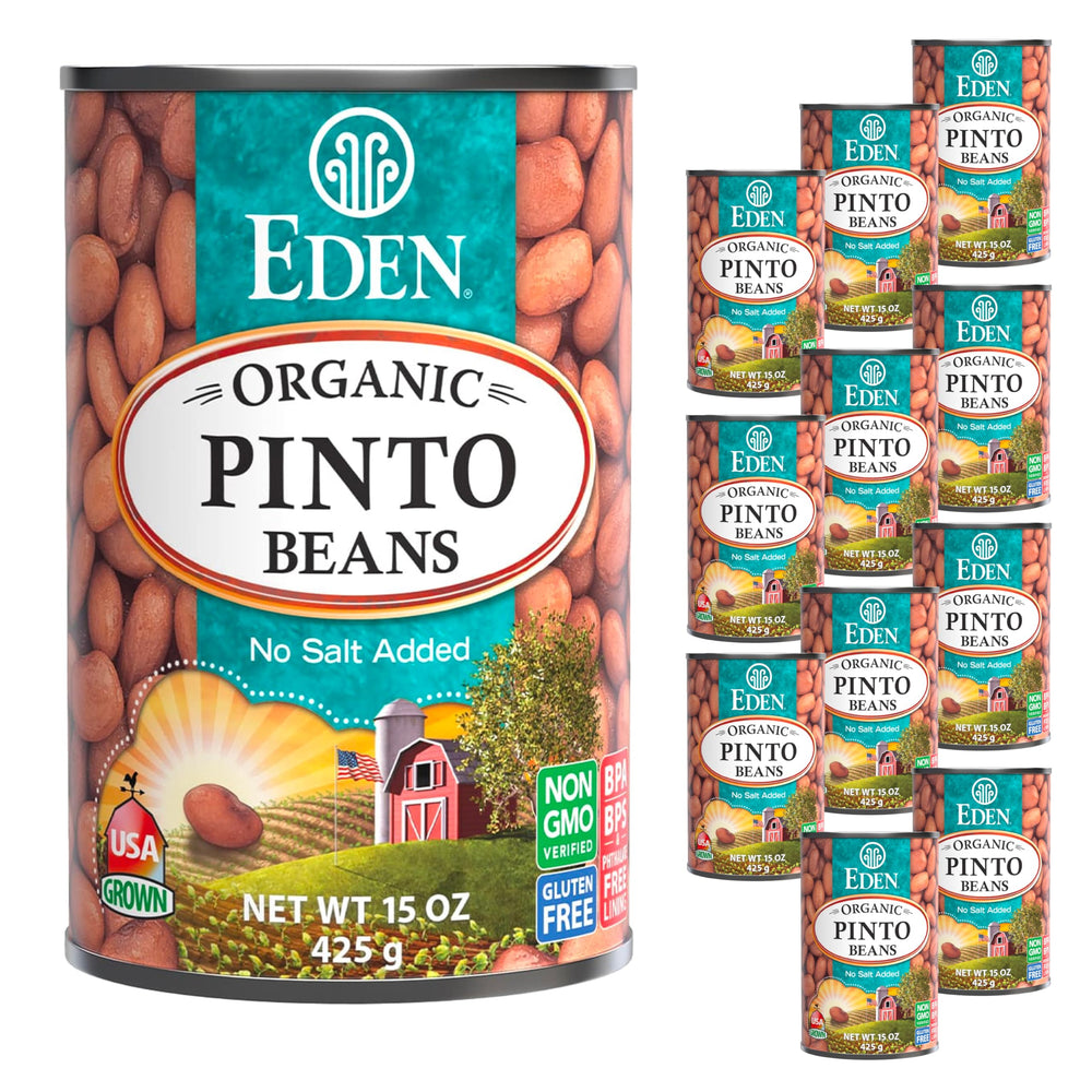 Eden Organic Pinto Beans can label with BPA-free packaging for quick plant-based meals.