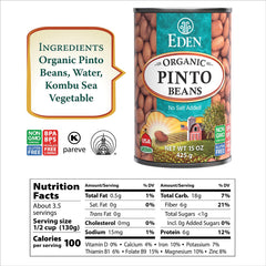 Eden Organic Pinto Beans closeup nutrition shows wholesome minerals for everyday cooking.