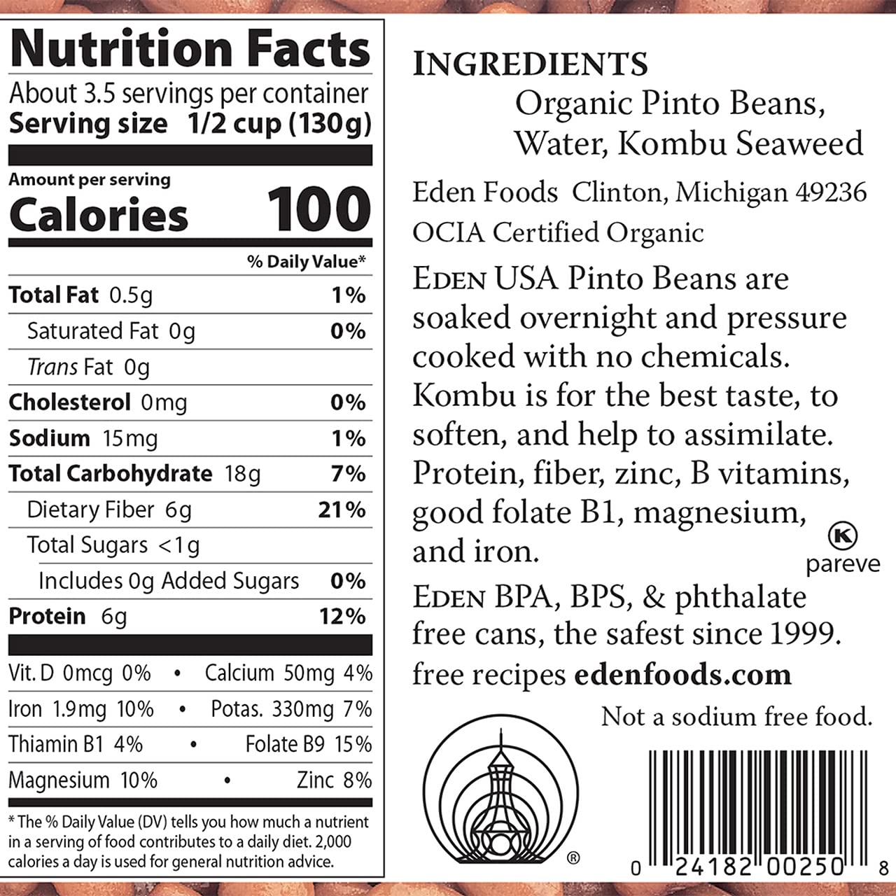 Eden Organic Pinto Beans ingredients label shows simple, clean, plant-based protein and fiber.