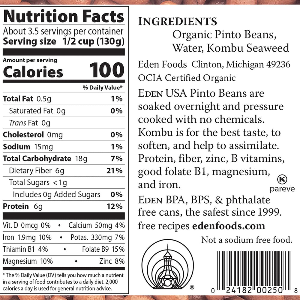 Eden Organic Pinto Beans ingredients label shows simple, clean, plant-based protein and fiber.