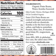 Eden Organic Pinto Beans ingredients label shows simple, clean, plant-based protein and fiber.