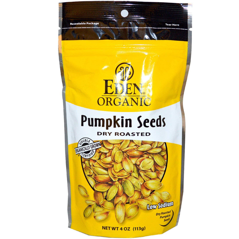 Eden Organic Pumpkin Seeds, dry-roasted with sea salt, a crunchy magnesium-rich snack.