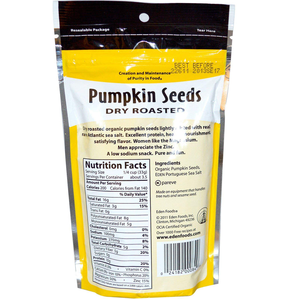 Eden Organic Pumpkin Seeds in a resealable pack, ideal for snacks and salads.