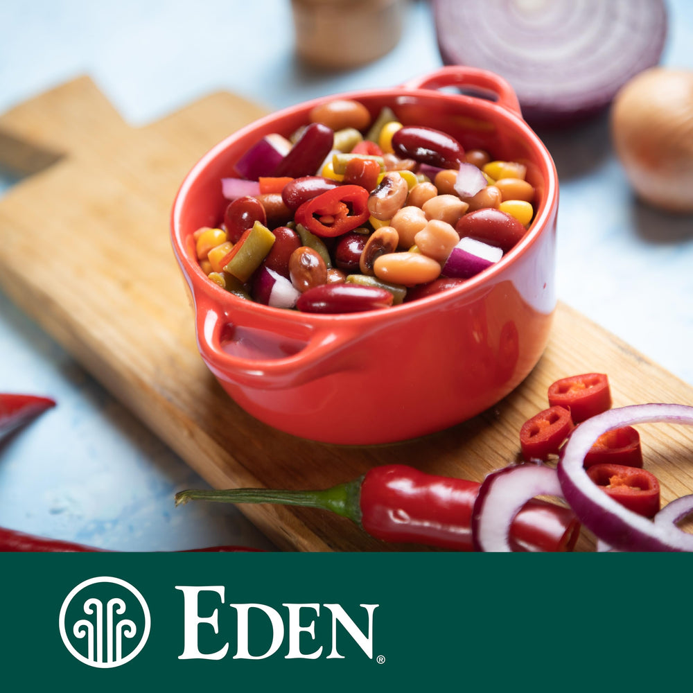 12-pack display of Eden Organic Red Kidney Beans in pantry