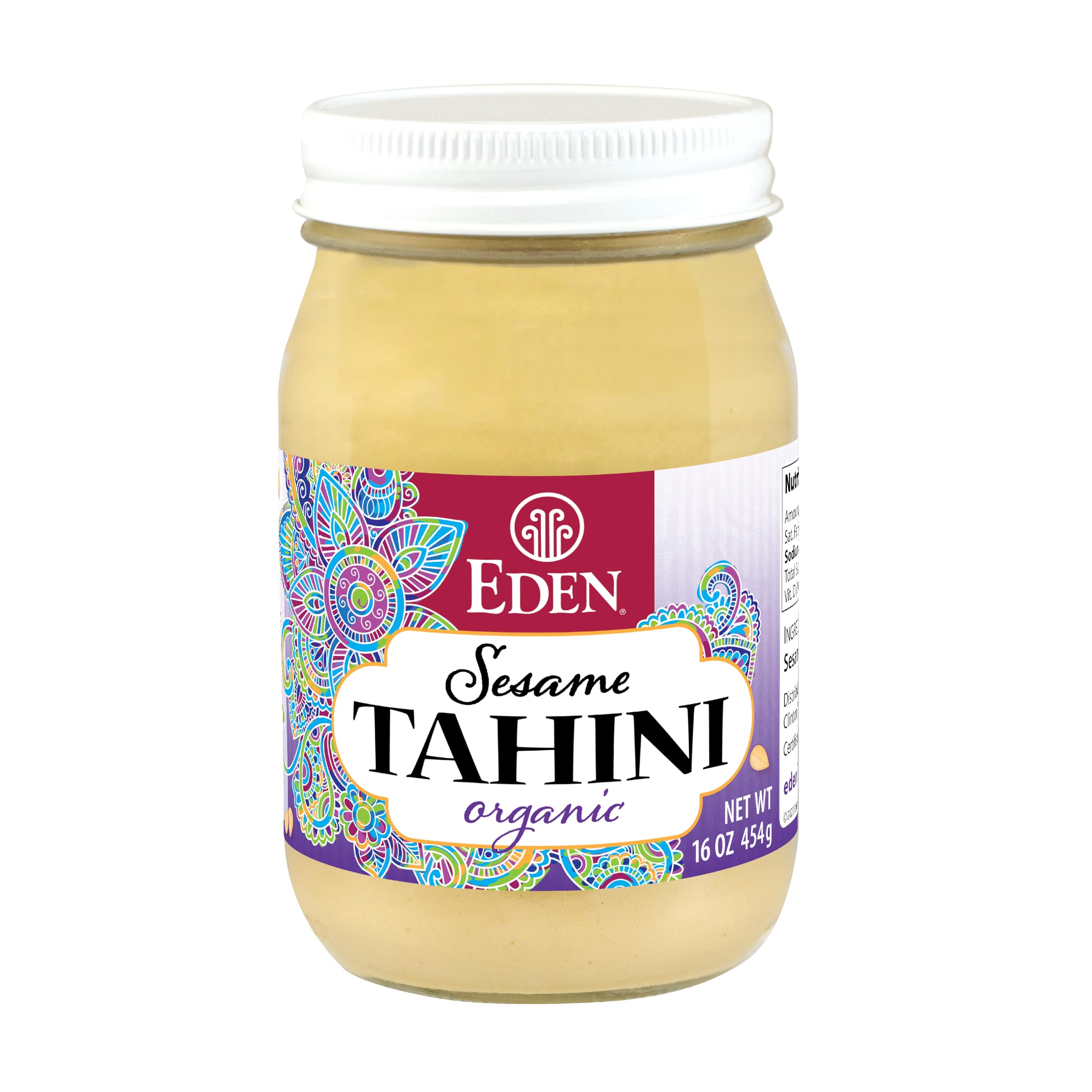 Eden Organic Roasted Tahini in a glass jar, silky texture for creamy hummus and sauces.