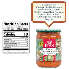 Eden Organic Sauerkraut jar close-up highlighting fine-cut texture for sandwiches