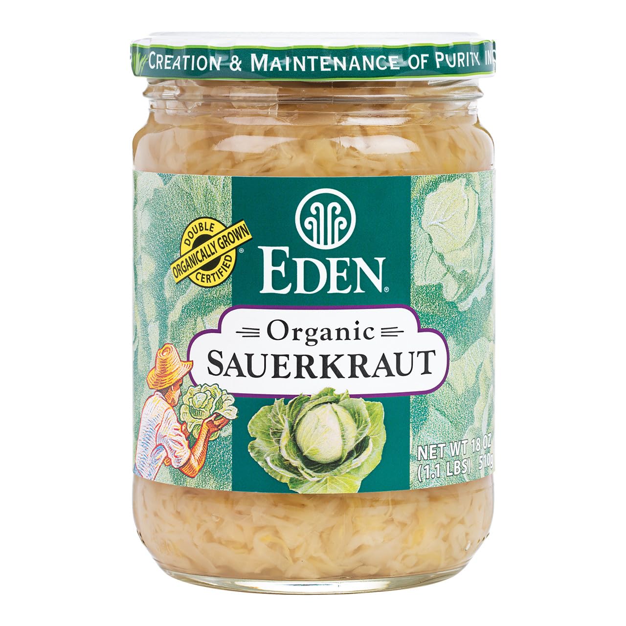 Eden Organic Sauerkraut jar front showing crisp cabbage for a tangy serving.